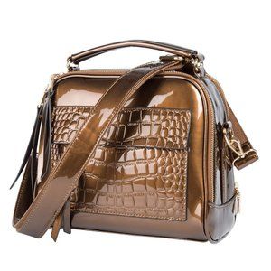 Lucien Hanna Bronze Patent Leather Crossbody Camera Work Tote Purse